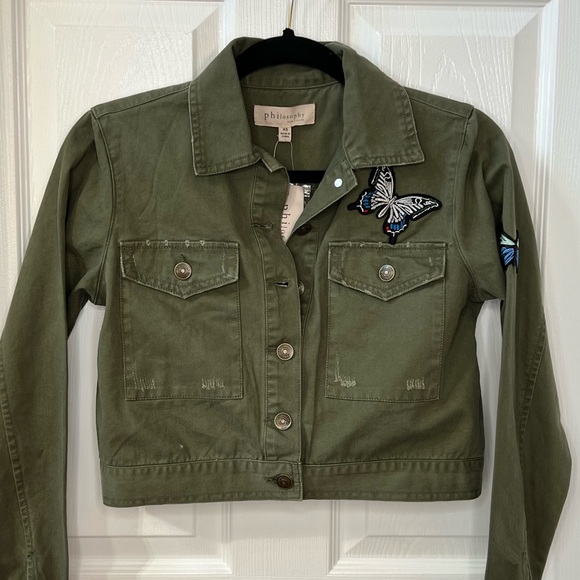 ⭐️ NWT Philosophy Olive Army Green Embroidered Butterfly Cropped Patch Jacket XS - Picture 3 of 15